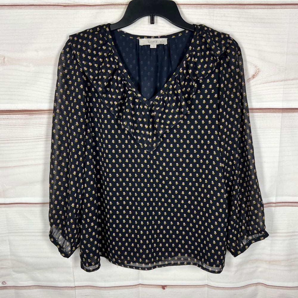 LOFT V-Neck Blouse Women Small Black Floral Ruffles Long Sleeve Chiffon Pullover